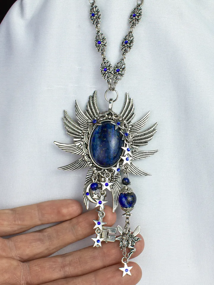 Magical Lapis Lazuli Fairy Key Pendant with Swarovski Crystals â Moon, Stars & Sun Amulet