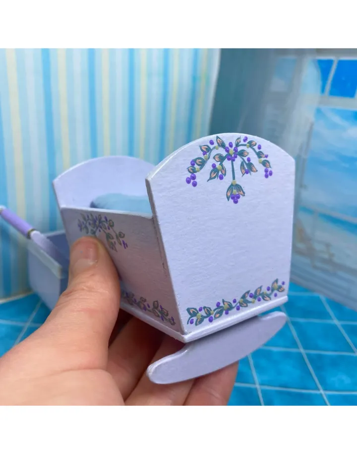 Doll cradle and stroller.
Handmade. 1:12. Dollhouse miniature.