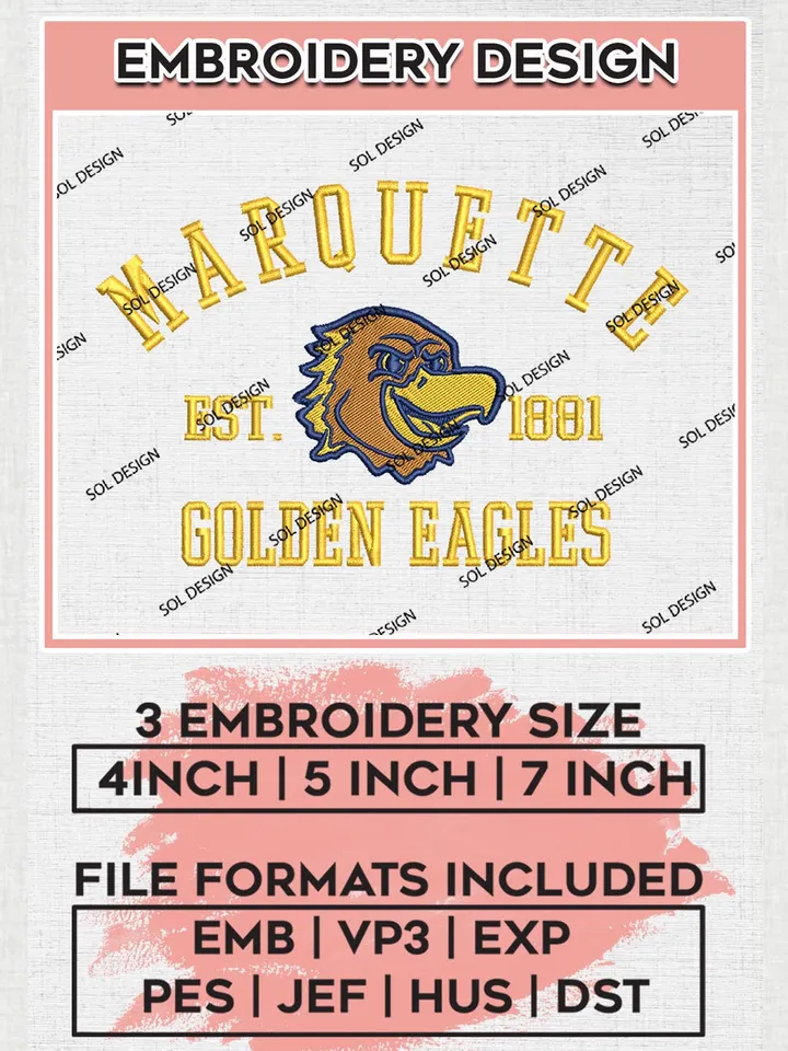 Marquette Golden Eagles Est 1881 Logo Embroidery Designs, NCAA Marquette Golden Eagles Team Embroidery, NCAA Team Logo, 3 sizes, Machine embroidery Files, Digital Download