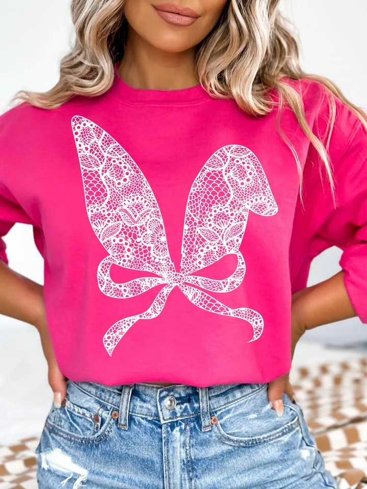 Hand Drawn Bunny Ears With Bow PNG Easter PNG Bunny PNG Faux Embroider Lace Coquette Easter Bunny Shirt Easter Original D - License Required