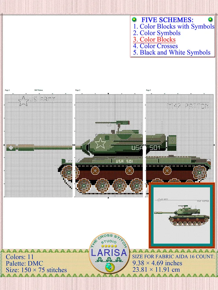 M47 Patton Cross Stitch Pattern | Patton Tank Chart | American War Machine