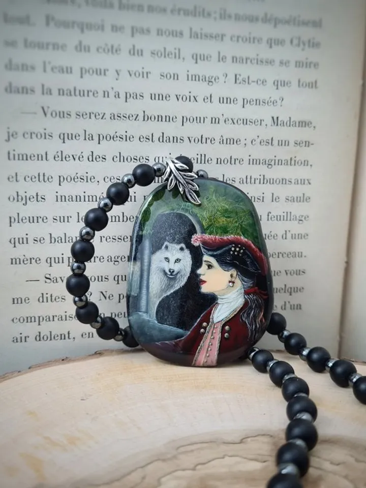 Girl with a white wolf necklace Miniature on agate Hematite and shungite beads