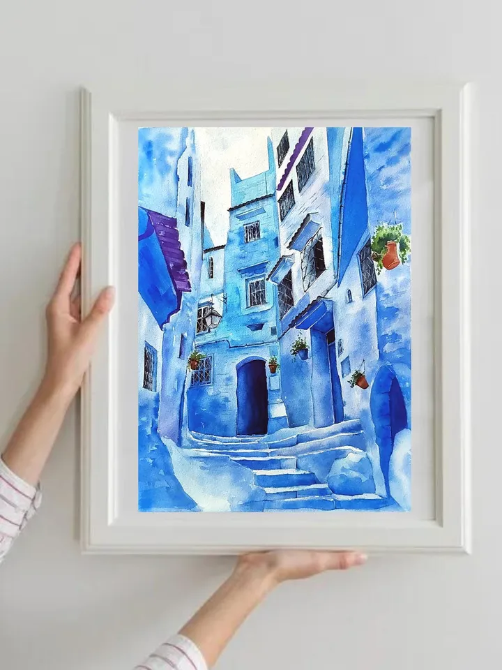 Blue Town Morocco Painting Chefchaouen Artwork Chaouen Original Watercolor Art 11.81x15.74 in by Art Café