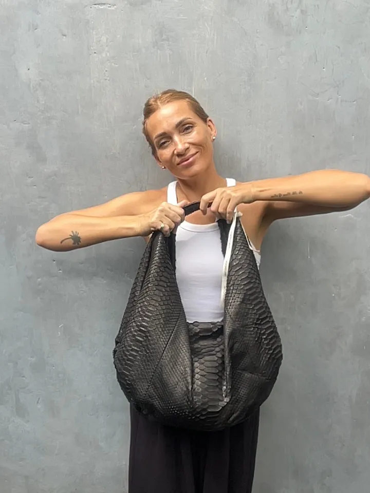 Big Soft Hobo Classy Sport Woman Bag | Purse Genuine Python Skin | Reptile Skin Products | Black Big Elegant Leather Designer Soft Bag Snake