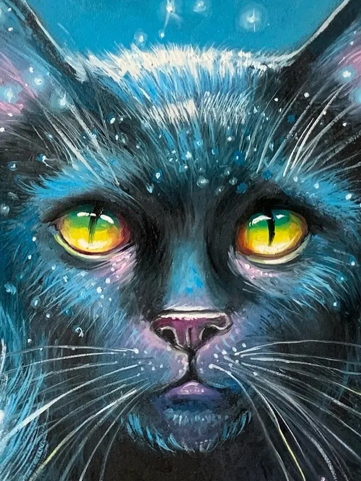 Black cat, oil painting on cardboard