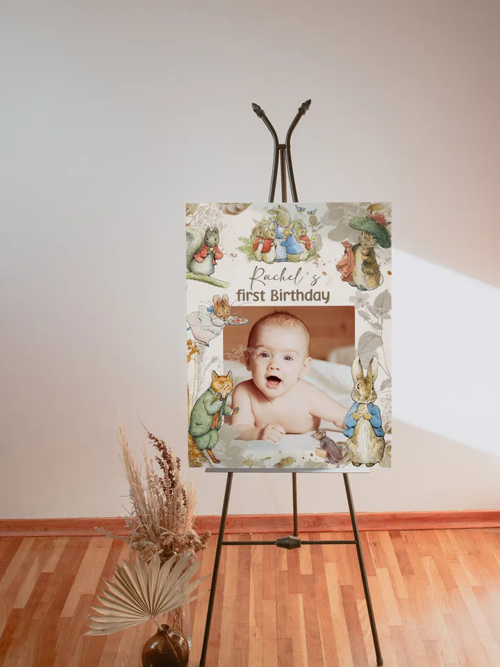 Peter Rabbit Photoframe Board Baby Birthday;Baby Birthday Photoprop Board; Neutral Rustic Baby Birthday; Peter Rabbit editable template pr1