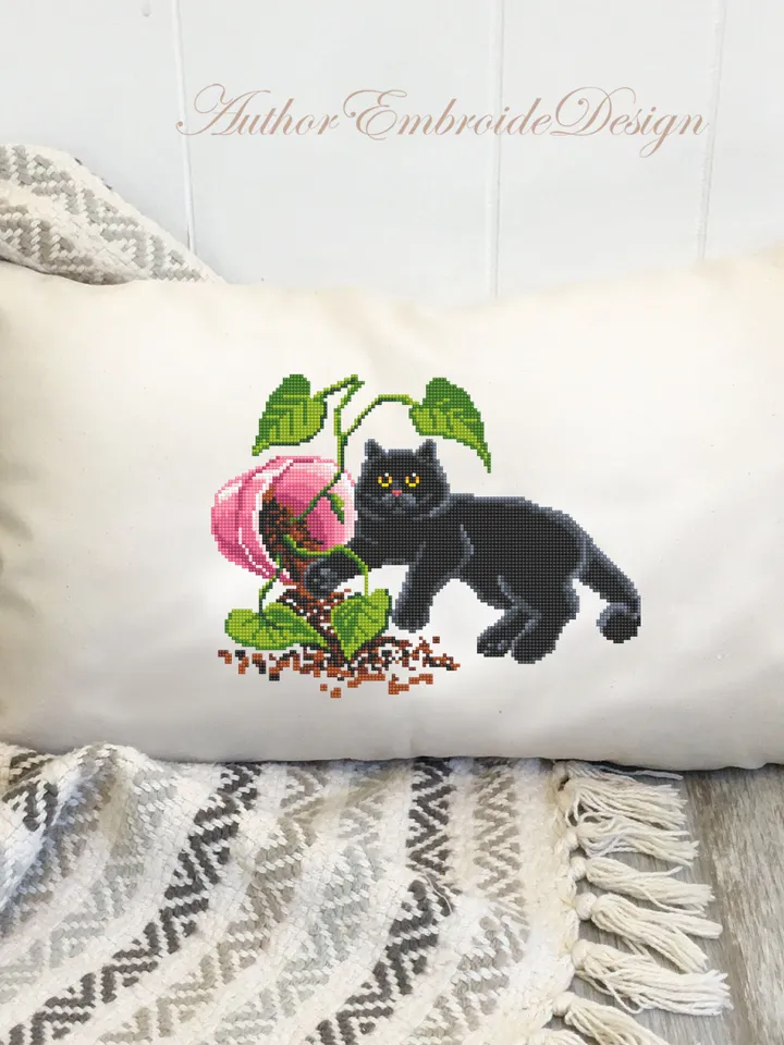 Black cat and plants cross stitch pattern PDF download Funny cat cross stitch chart, House plant pattern digital PDF, Cat lover gift #K46