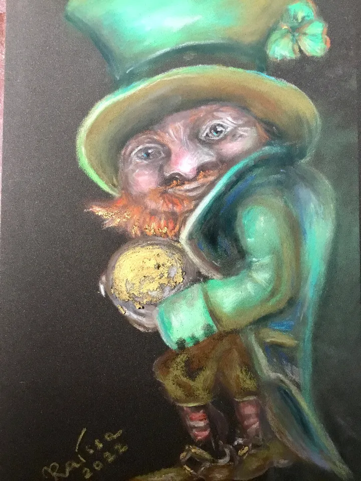 Funny leprechaun with a golden coin painting ,original soft pastel painting on specialized paper,,Irish leprechaun wall art,special gift.