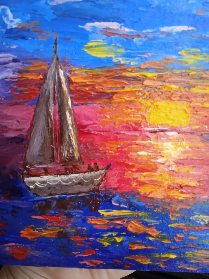 Landscape with the sea Sailboat at sunset Original Oil painting Impasto Art