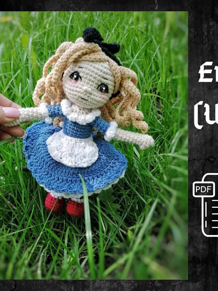PDF Pattern Alice in Wonderland doll, Amigurumi doll Alice, Pattern crocheted doll with hair, Pattern Amigurumi doll, Alice's Adventures