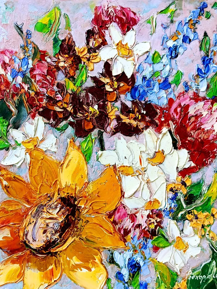 Sunflower Painting Helianthus Original Art Impasto Oil Painting Floral OOAK Bluebonnet Painting Flower Wall Art 12x10 by ArtProkopaloSv