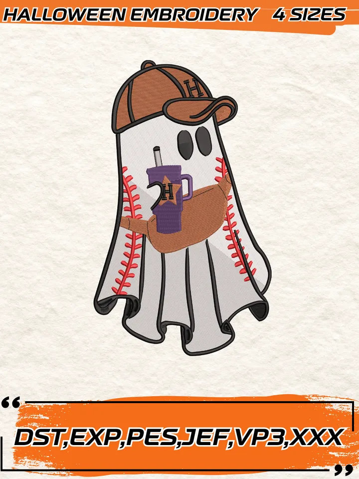 Astros Boujee Stanley Ghost Embroidery Design, Halloween Baseball Embroidery Digitizing File,4 Sizes, Digital Download