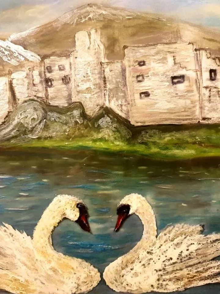 Swans on the lake,stained glass art,mix media art,painting on glass pastel painting,one of a kind.
