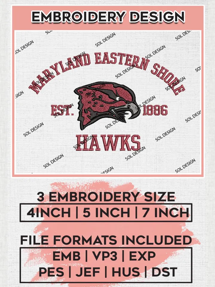 Maryland Eastern Shore Hawks Est 1886 Logo Embroidery Designs, NCAA Maryland Eastern Shore Hawks Team Embroidery, NCAA Team Logo, 3 sizes, Machine embroidery Files, Digital Download