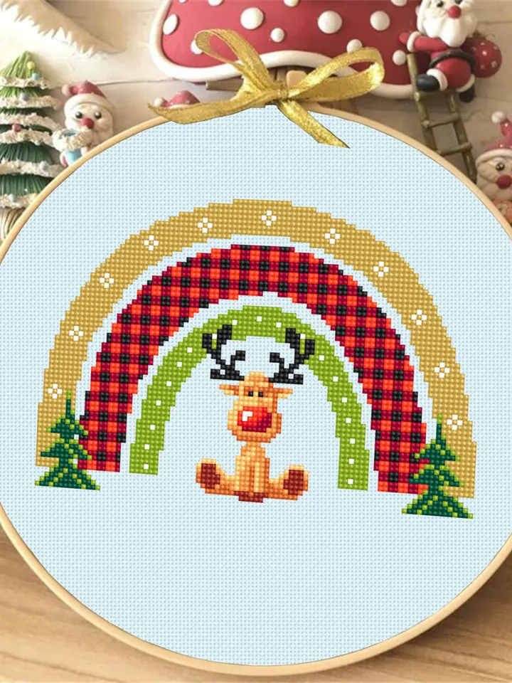 Christmas rainbow reindeer cross stitch pattern PDF download, Buffalo plaid rainbow cross stitch chart, Christmas pattern digital PDF #N135