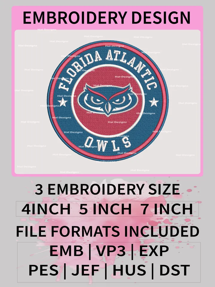 NCAA Florida Atlantic Owls Embroidery File, 3 Sizes, 6 Formats, NCAA Machine Embroidery Design, NCAA Logo, NCAA Teams