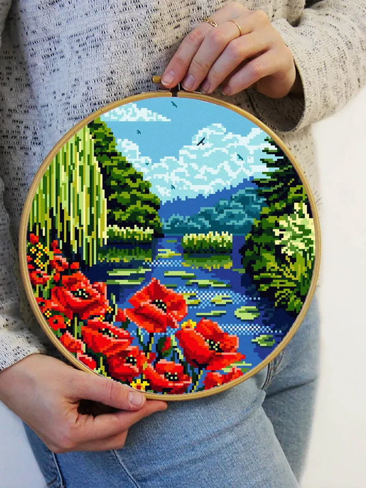 Nature landscape cross stitch pattern download PDF Flowers cross stitch poppies Modern landscape embroidery PDF Nature lover gift #L4
