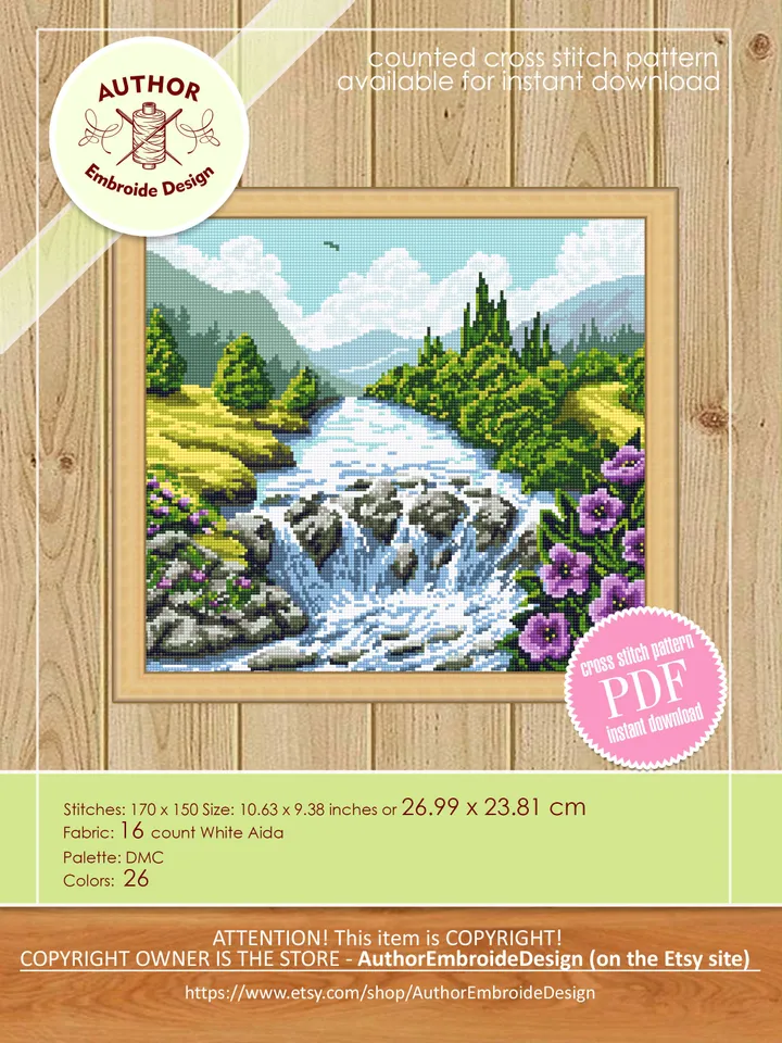 Nature cross stitch pattern PDF download Mountain waterfall landscape cross stitch chart, Nature pattern digital PDF, Nature lover gift #L38