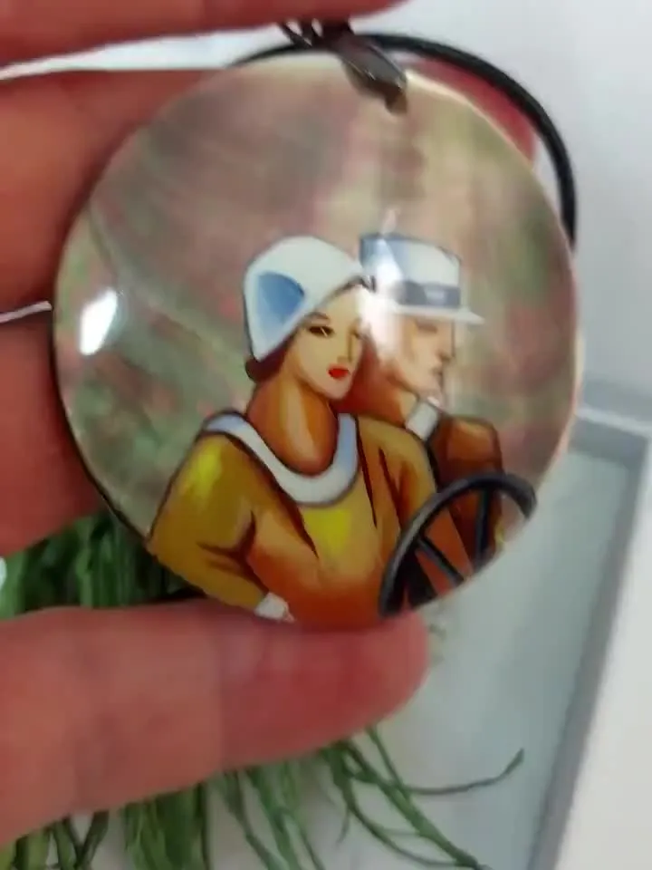 Russian Beautiful Pendant "Travelers"  Mother-of-pearl hand-painted Russian jewelry miniature painting Gift for her Fedoskino Hand painted