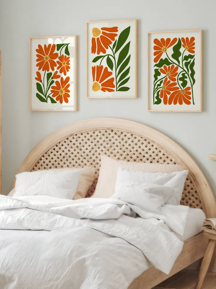 Abstract Flowers Print Set of 3, Boho Style Terracotta Prints, Floral Wall Art, Vintage Art Print, Boho Printable Art, Flower Market Poster
