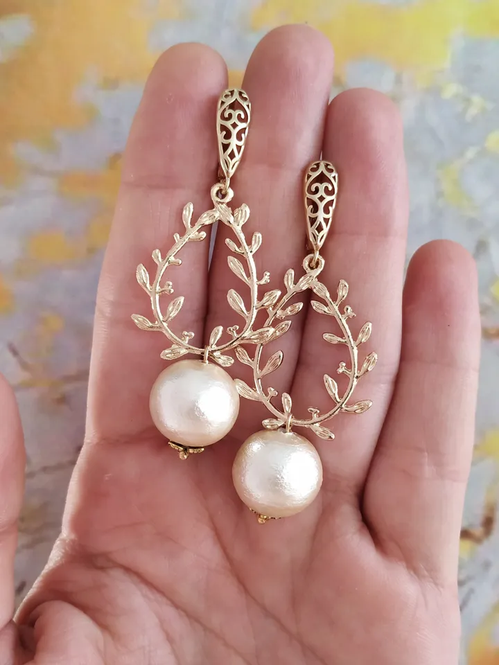 Cotton Pearl Statement Wedding Earrings ,Gold Wedding Jewelry ,Boho Bridal Jewellery ,Boho Wedding Earrings, Dangle Drop Bridal Earrings
