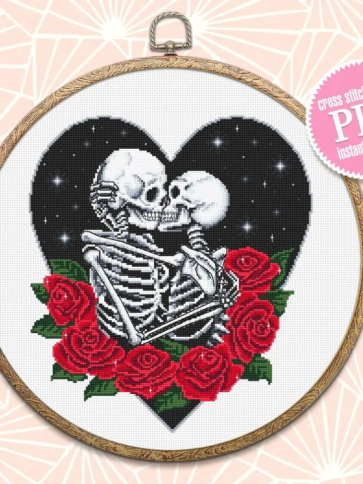 Skeleton couple in love gothic cross stitch pattern download PDF Gothic heart cross stitch chart, Gothic valentine design, Goth wedding #H53
