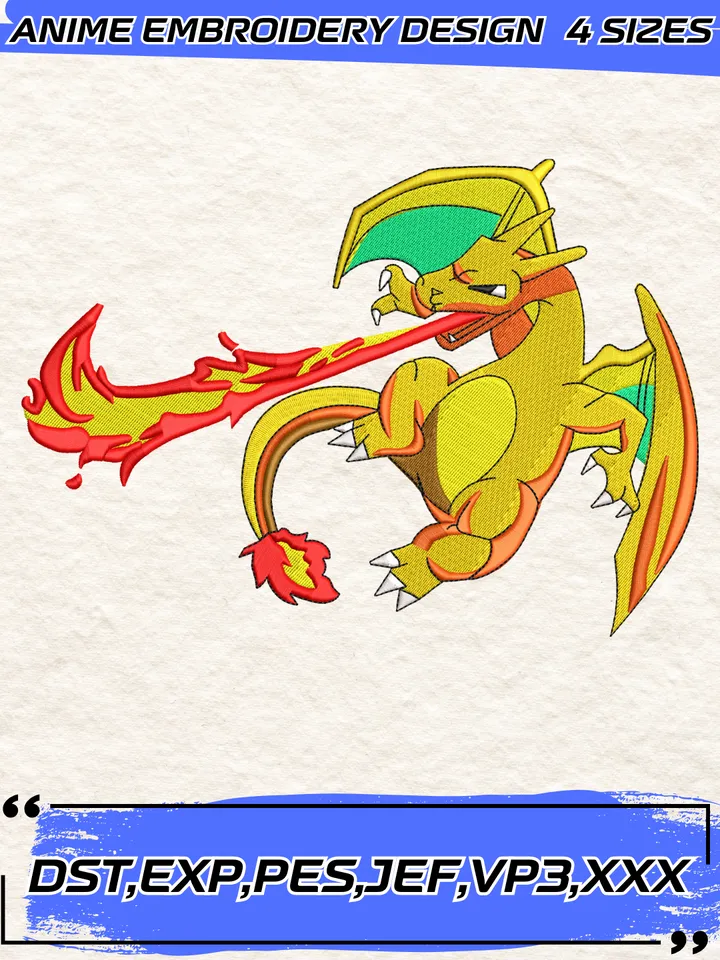 Swoosh Charizard Pokemon Embroidery Design,Pokemon Movie Embroidery Design,Machine Embroidery Design File,4 Sizes, Instant Download