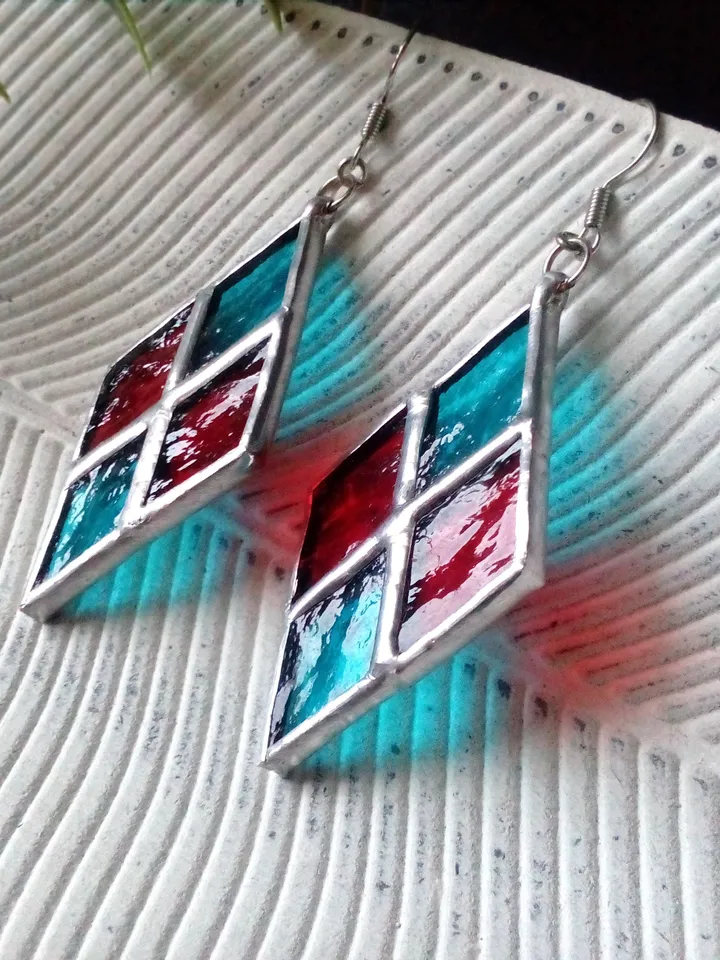 Checkerboard stained glass earrrings - handmade geometric chess plaid earrings
