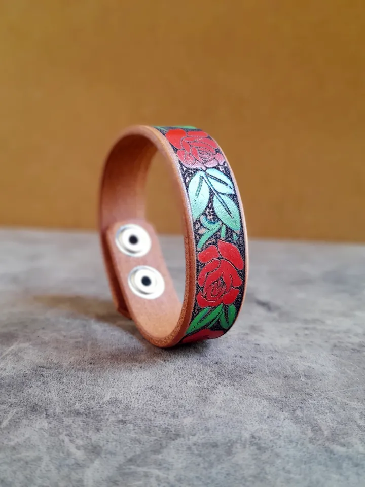 Hand Painted Red Rose Vine Leather Cuff Bracelet, Rose Floral Leather, Personalized Rose Bracelet, Gift for Daughter, Plant Lover Gift Idea