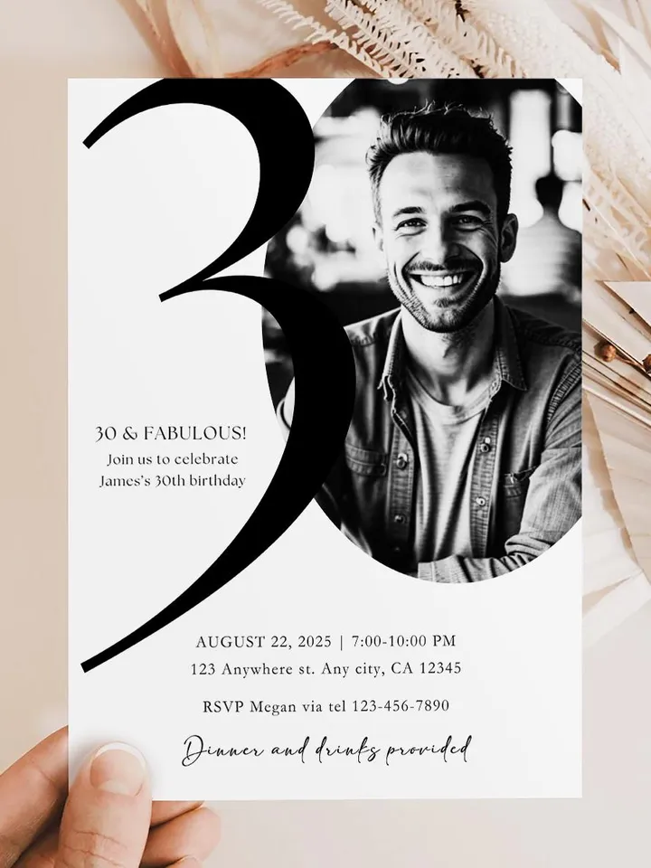30th Birthday Party Invitation Card, Look Who's 30, Editable 30th Birthday Card Template, Printable Minimalist Birthday Photo Card Canva