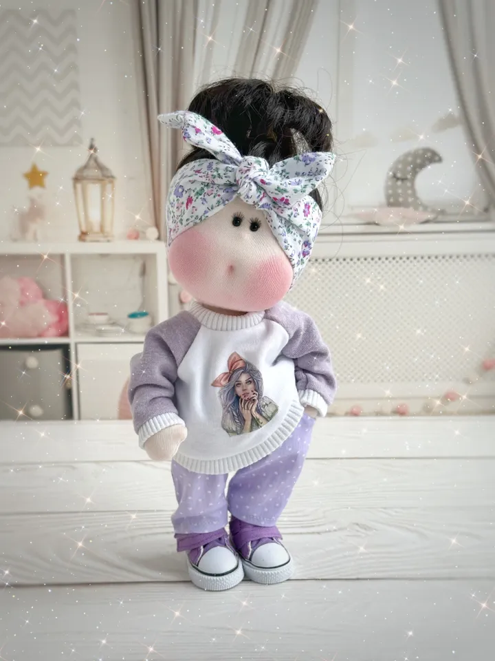 Handmade Rag Doll with set of clothes. Textile Doll with dark brown hair. Tilda Doll for gift.