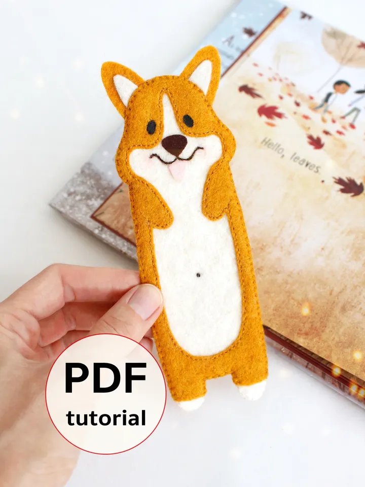 Felt long corgi bookmark hand sewing PDF tutorial with patterns. DIY dog bookmark. Book and pets lover gift. Felt school supplies