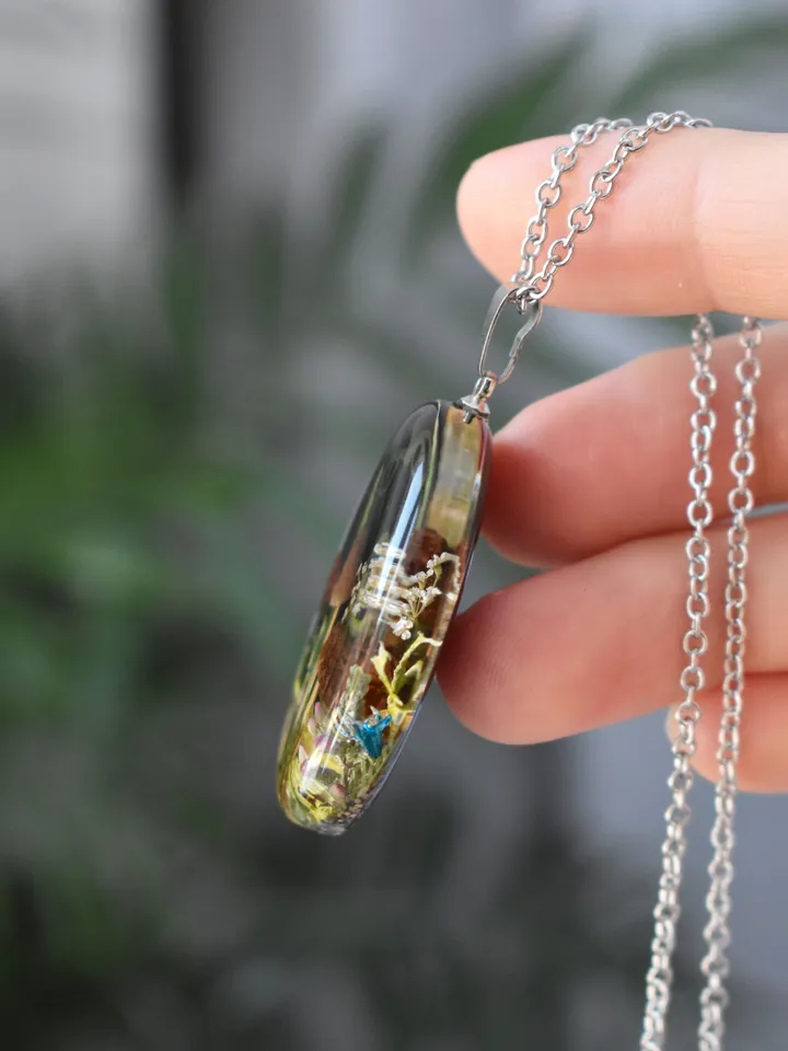 Real mushroom necklace. Pendant with a forest composition. Necklace with dried mushrooms in resin.