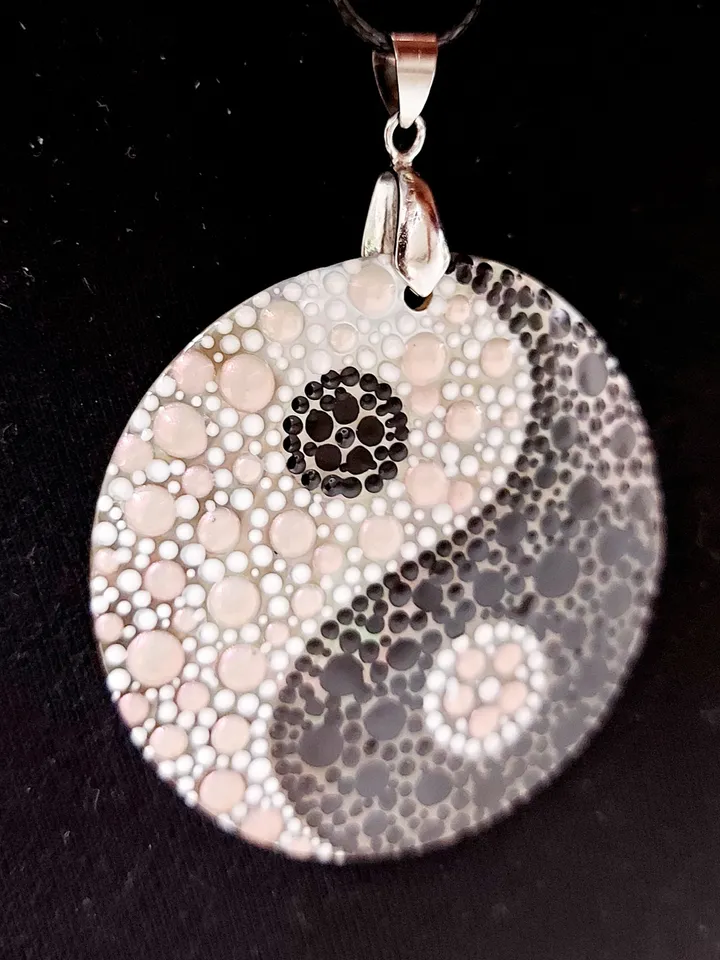 Illuminating Equilibrium: Hand-Painted Dotwork Yin Yang Pendant on Iridescent Mother-of-Pearl - Nacre Symbol of Ethereal Balance and Unity