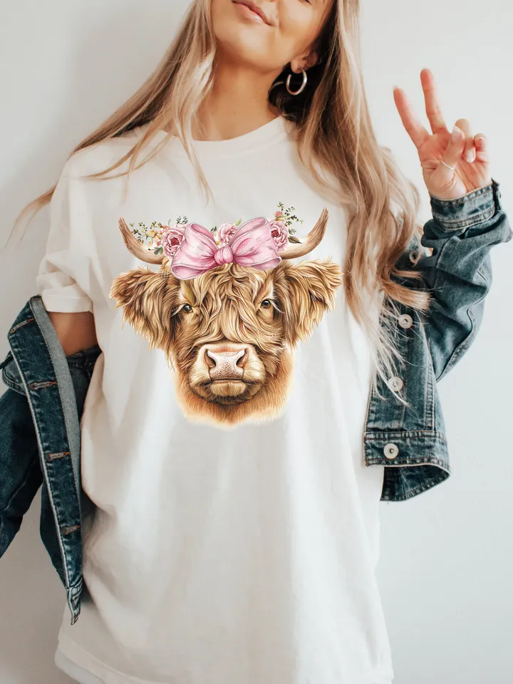 Highland cow png coquette bow png soft girl era aesthetic png highland cow clipart coquette shirt design retro mama png sublimation design
