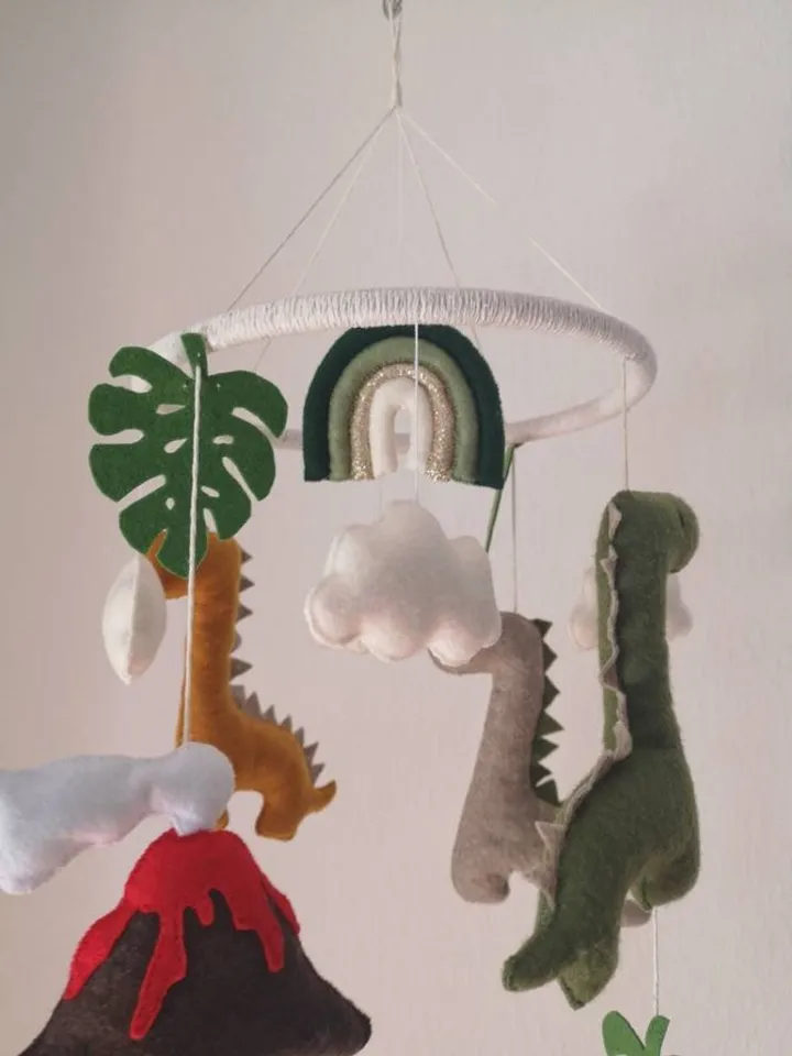 Dinosaur crib baby mobile with rainbow cloud star monstera. Baby shower gift ide