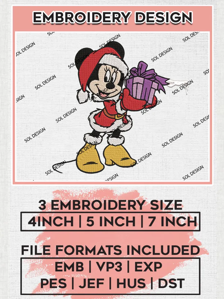 Santa Minnie Mouse Present Embroidery Design Files, Disney Christmas Machine Embroidery, Disneyland Embroidery, 3 sizes, Cute Christmas Machine embroidery designs, Digital Download