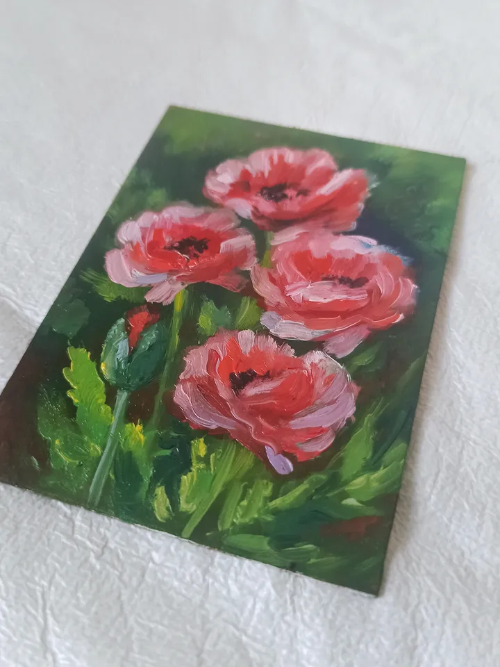 Original oil painting ACEO, Red-pink poppies, Red flowers, Blooming garden, Collection card 2,5x3,5 in