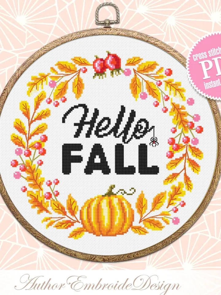 Fall wreath cross stitch pattern PDF instant download Halloween pumpkin cross stitch chart, Autumn wreath pattern, Thanksgiving wreath #Q57