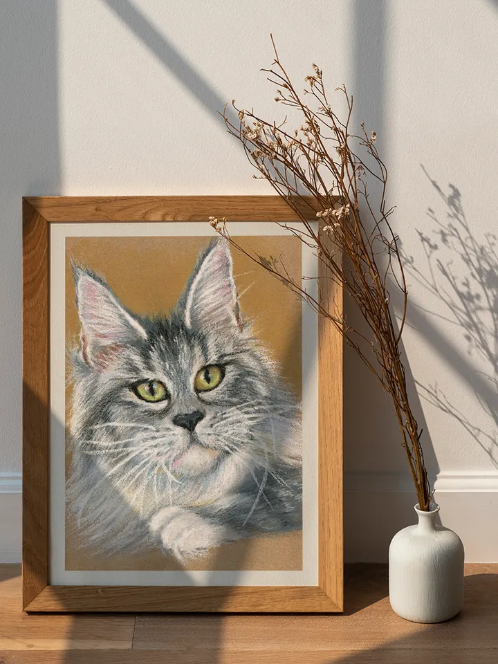 Print template, Maine Coon, Portrait of a grey cat, Animalistic , Digital file for printing and design, large poster