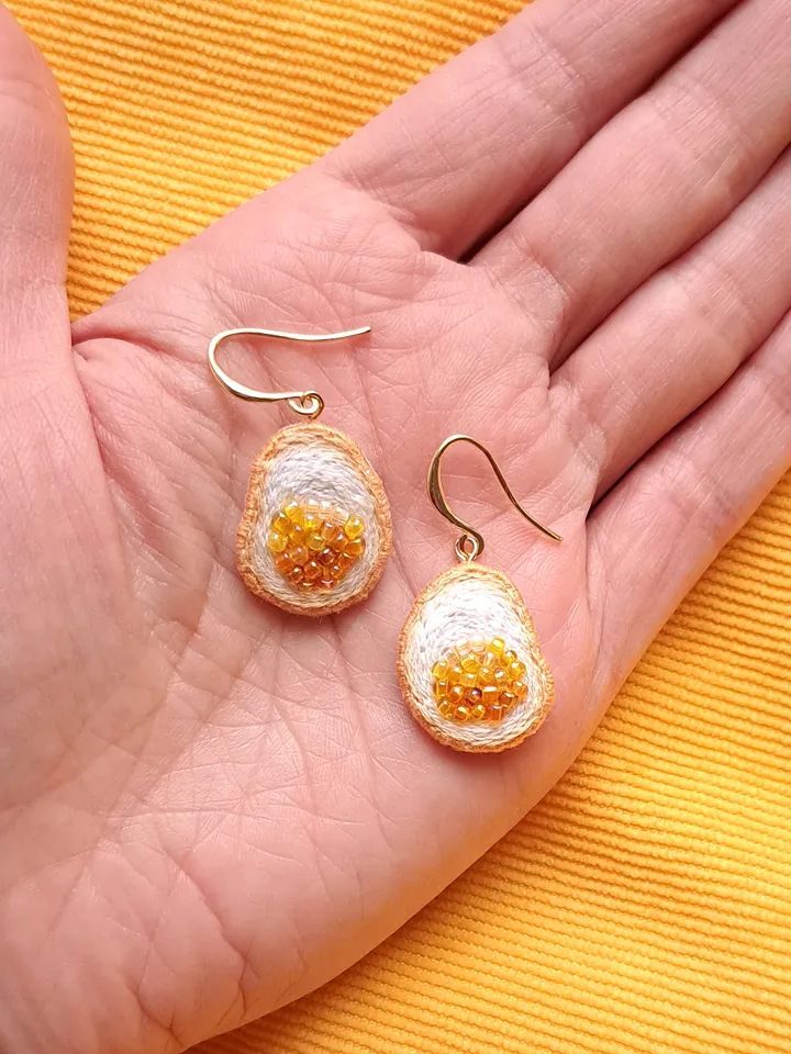 Sunny-Side Up Egg Earrings Hand-Embroidered Foodie Jewelry Quirky Artisan Accessories Boho Food Art Cooking Enthusiast Gift Brunch Outfit