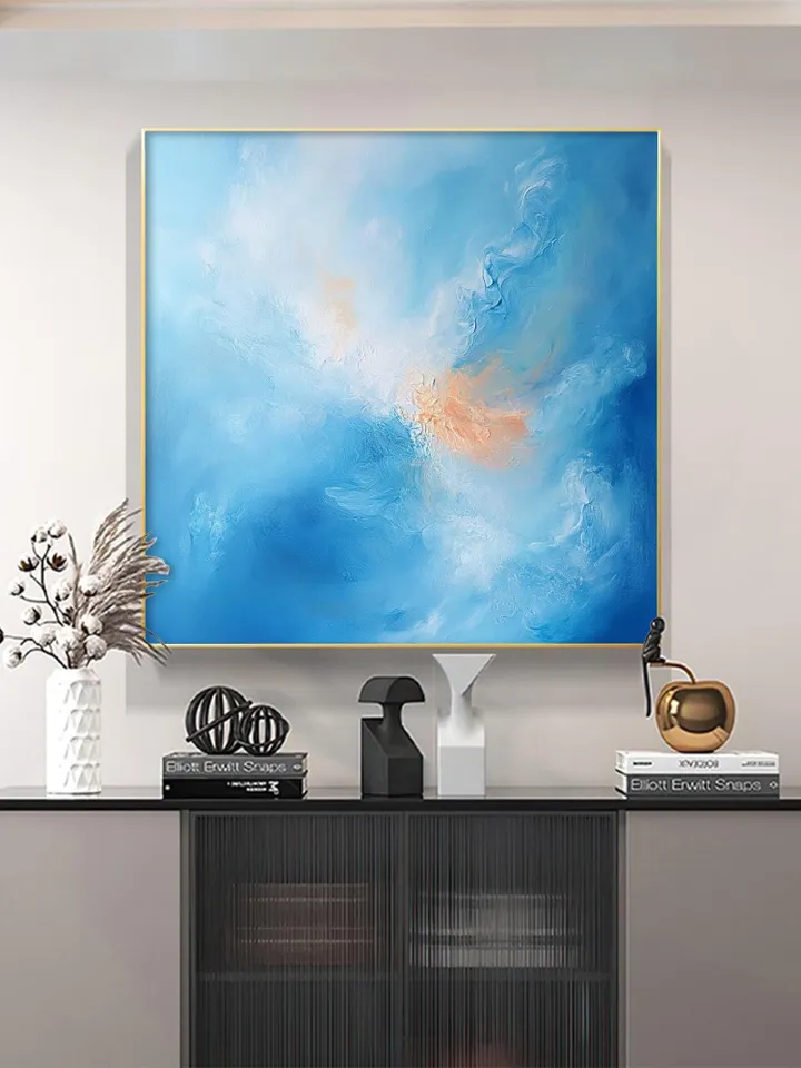 Hand-Painted Abstract Sea Oil Painting on Canvas | Soft Blue and Orange Art | Serene Wall Decor for Living Room or Bedroom | Custom Painting