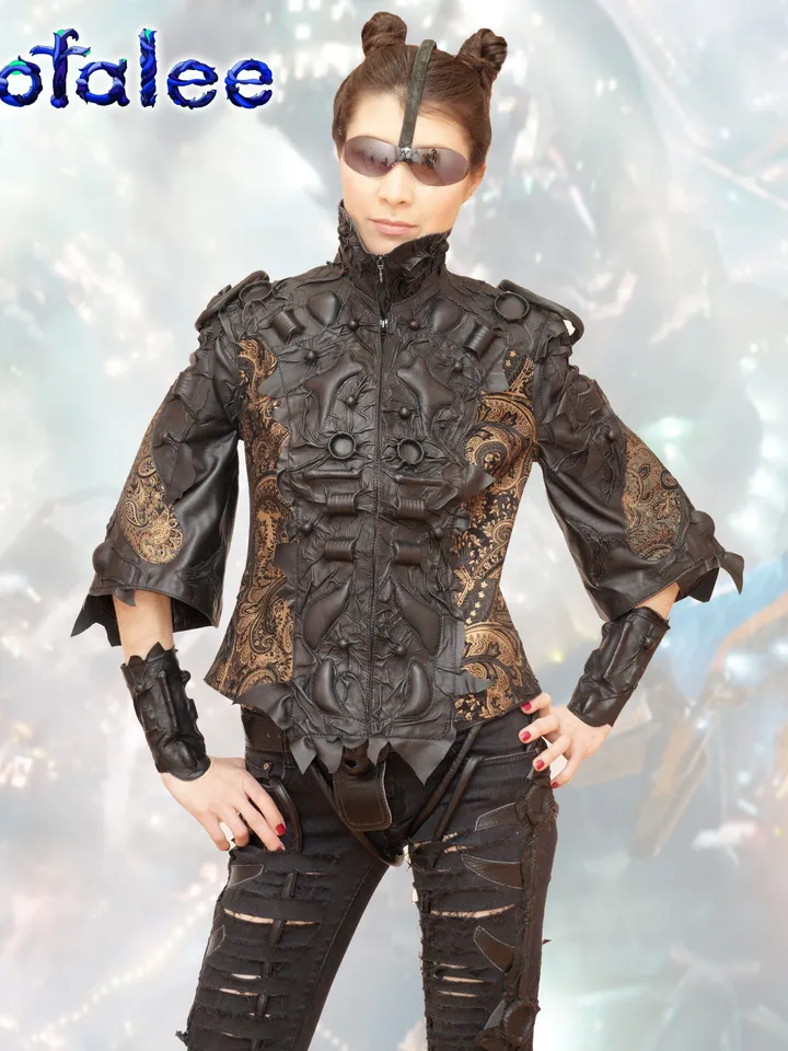 The unique genuine leather jacket 3/4 sleeves, wide bracelets, collar, cyberpunk style by Sofalee. The real leather coat