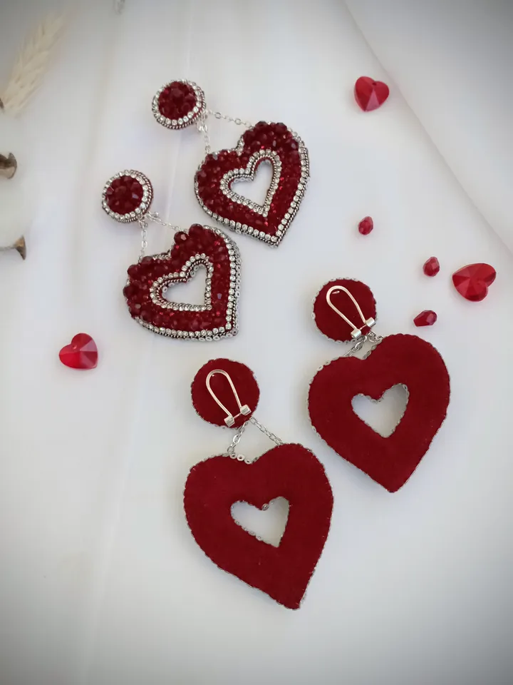 Crystal statement Red heart shaped earrings for women-big love earrings- dangle valentines earrings-heart gift for her