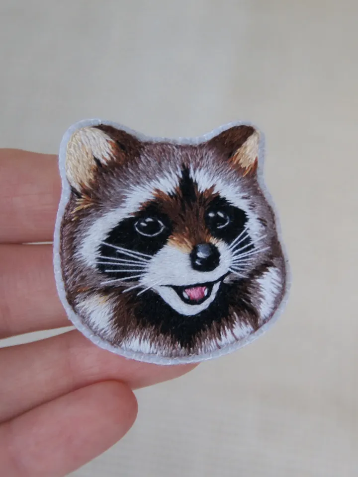 Brooch Raccoon. Small forest animal. Embroidered brooch.