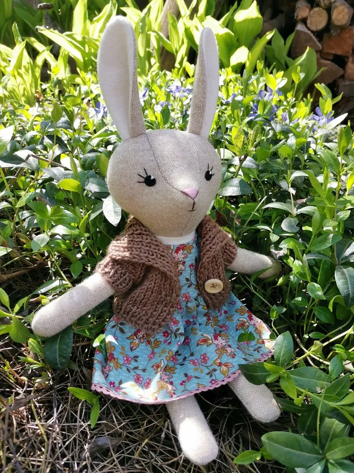 Beige bunny girl, handmade stuffed doll, fabric plush rabbit toy, wool animal doll