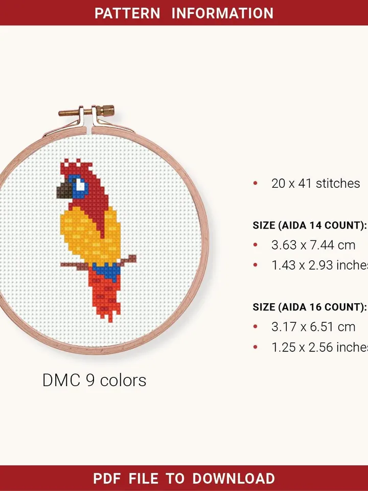 Mini Parrot bird Cross stitch pattern, contemporary, Abstract, tropical, beginner counted, modern chart, gift DIY, embroidery, instant PDF