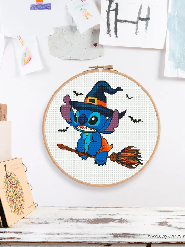 Lilo and Stitch Witch cross stitch pattern Halloween Hawaii nursery decor beginner counted modern chart gift DIY embroidery instant PDF