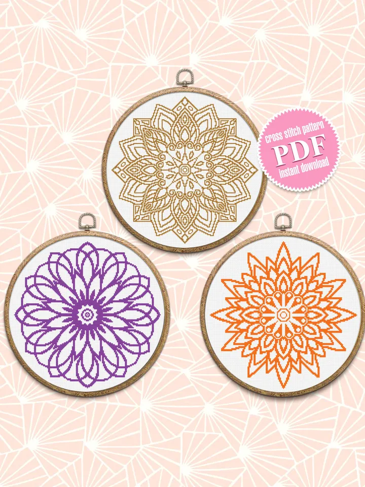 Mandala set cross stitch pattern PDF, Flower mandala cross stitch chart, Mandala pattern digital download PDF, DIY Home decor #S1