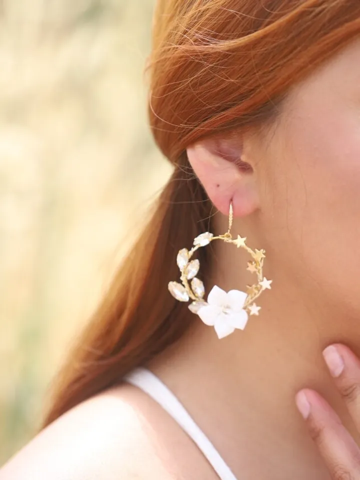 Hoop Star Celestial Gold Wedding Earrings, Porcelain Flowers Bridal Earrings, Swarovski Crystal Statement Wedding Jewelry, Boho Jewellery
